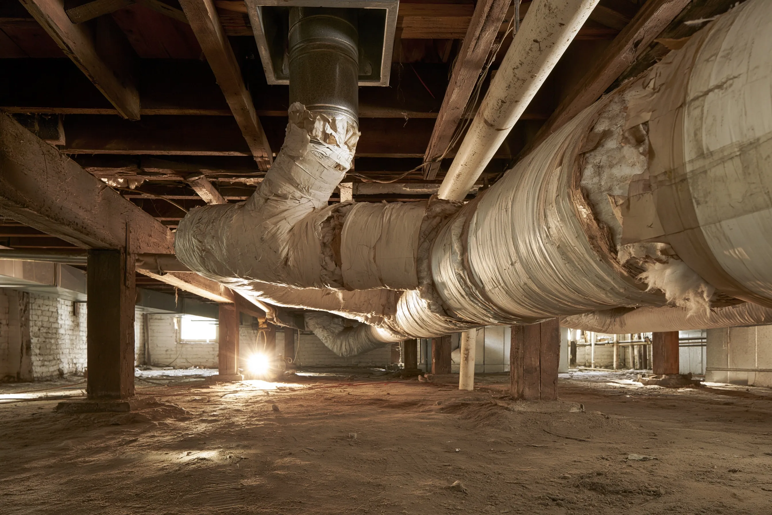 Old white wrapped HVAC duct and heat register boot in a crawlspace or basement