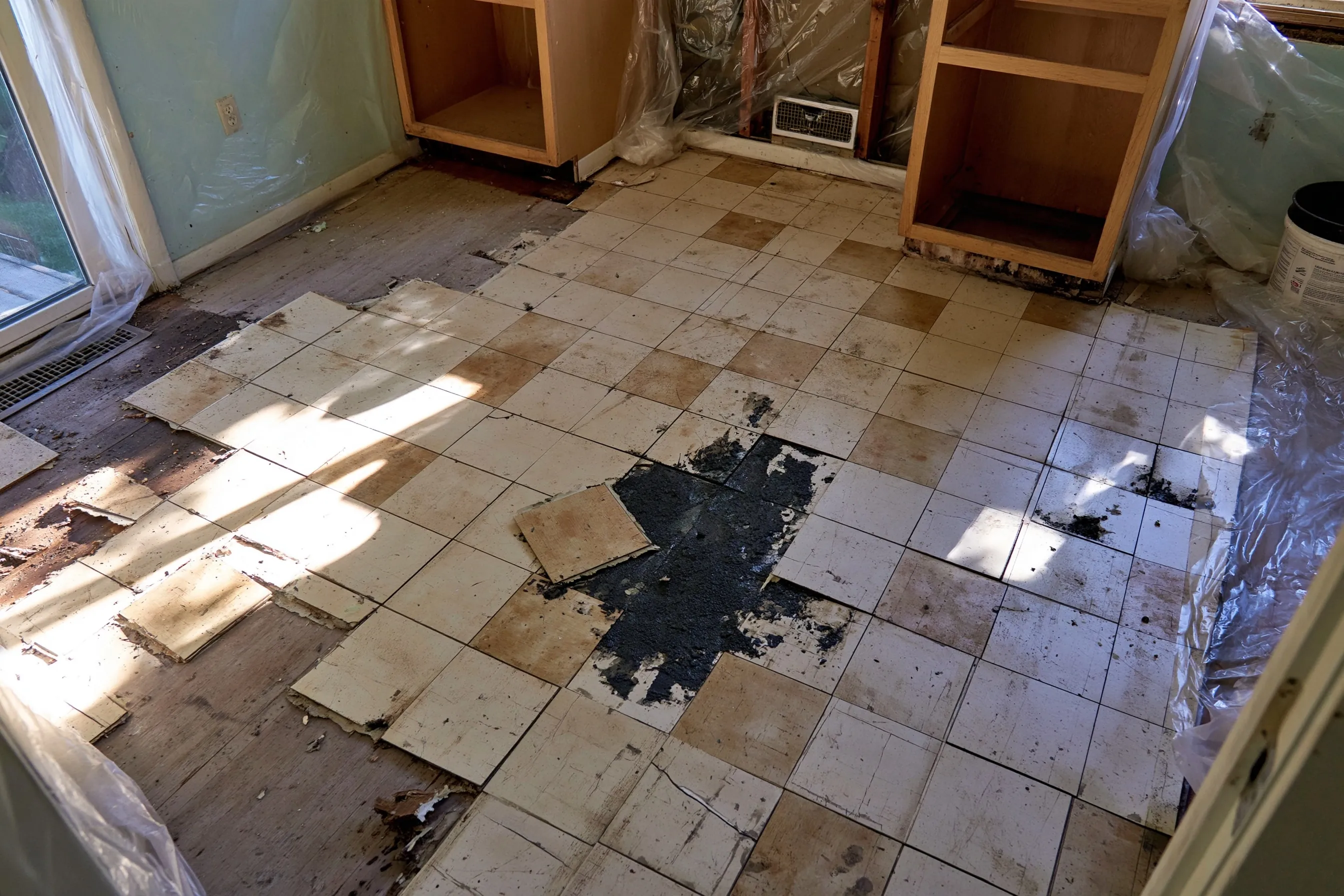 Older kitchen floor of small square vinyl tiles with some lifted to show black mastic adhesive, plastic sheeting along the walls